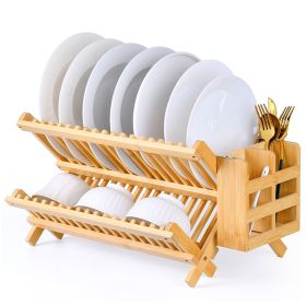 Foldable Two Tier Bamboo Dish Drying Rack - Foldable Space Saving Drainer with Utensil Holder High Quality Kitchen Countertop Organizer for Small